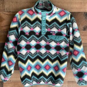 Patagonia Girls Retro Aztec Print Lightweight Synchilla Snap-T Pullover Fleece L
